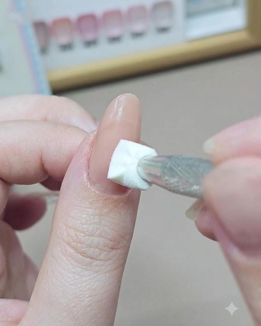 Una piccola spugnetta cosmetica tampona smalto gel nude coprente sul letto ungueale sotto una guida adesiva.