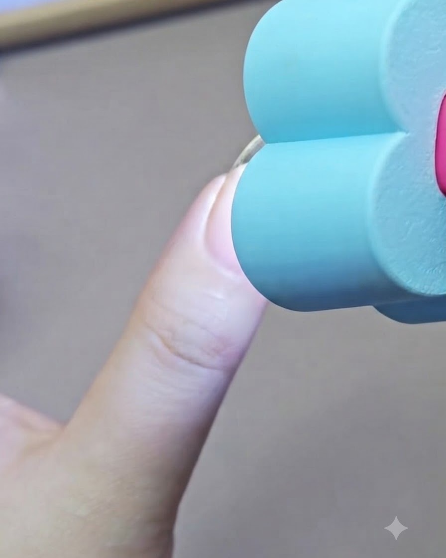 Una mini lampada UV blu tascabile polimerizza uno strato di colore nude tamponato su ununghia.