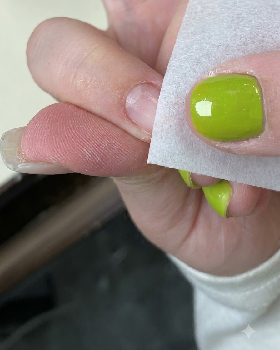 Un primo piano di un dito che riceve un tocco di gel avorio vicino alla punta con una spugnetta.