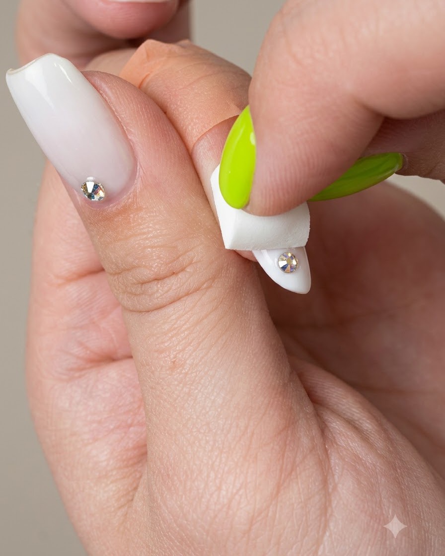 Una piccola spugna per trucco che sfuma il gel avorio su una tip per manicure.