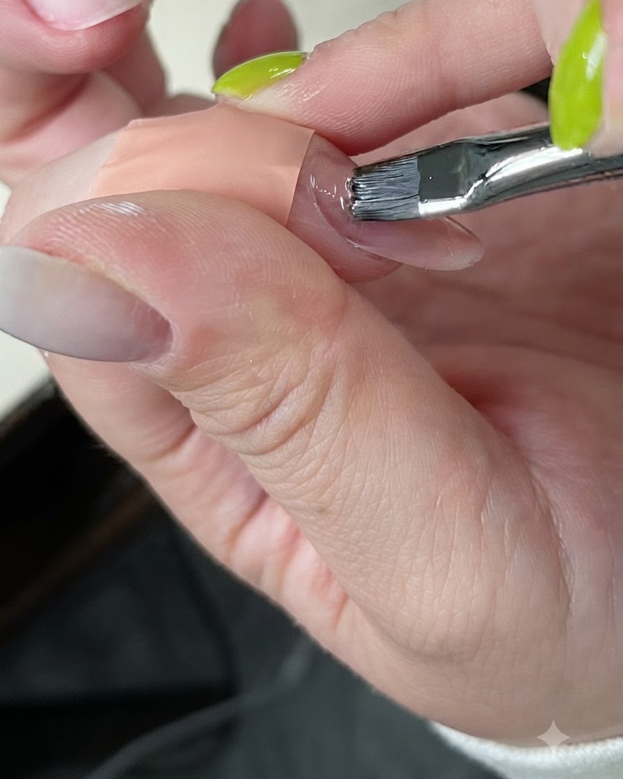 Un pennello da gel che applica accuratamente il gel rosa nude sul letto ungueale.