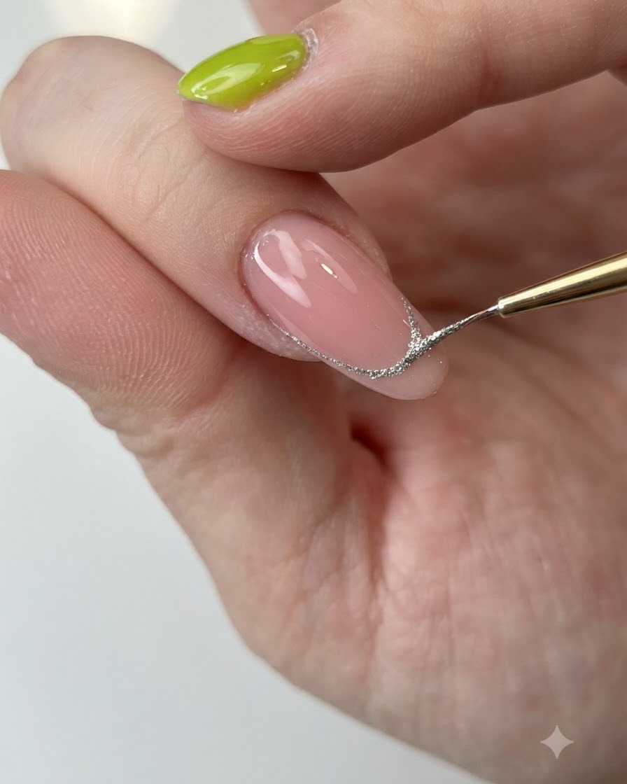 Un pennello sottile che riempie larea della french con gel argento brillante.