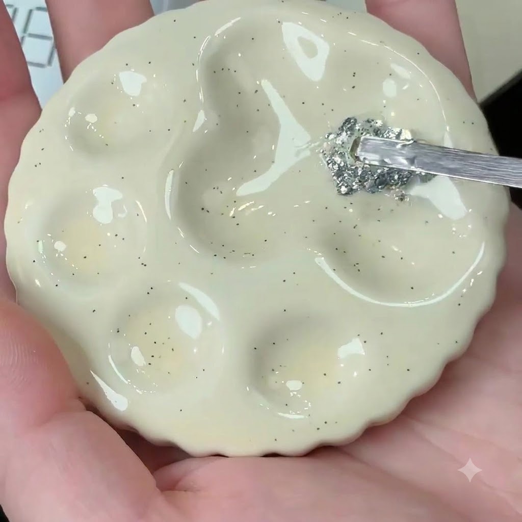 Uno strumento metallico che preleva del glitter argento chunky da una tavolozza di miscelazione.