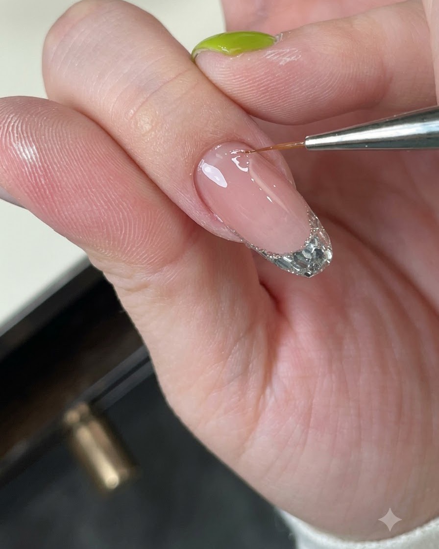 Ununghia vista da vicino mentre il gel costruttore si autolivella formando un apex liscio.