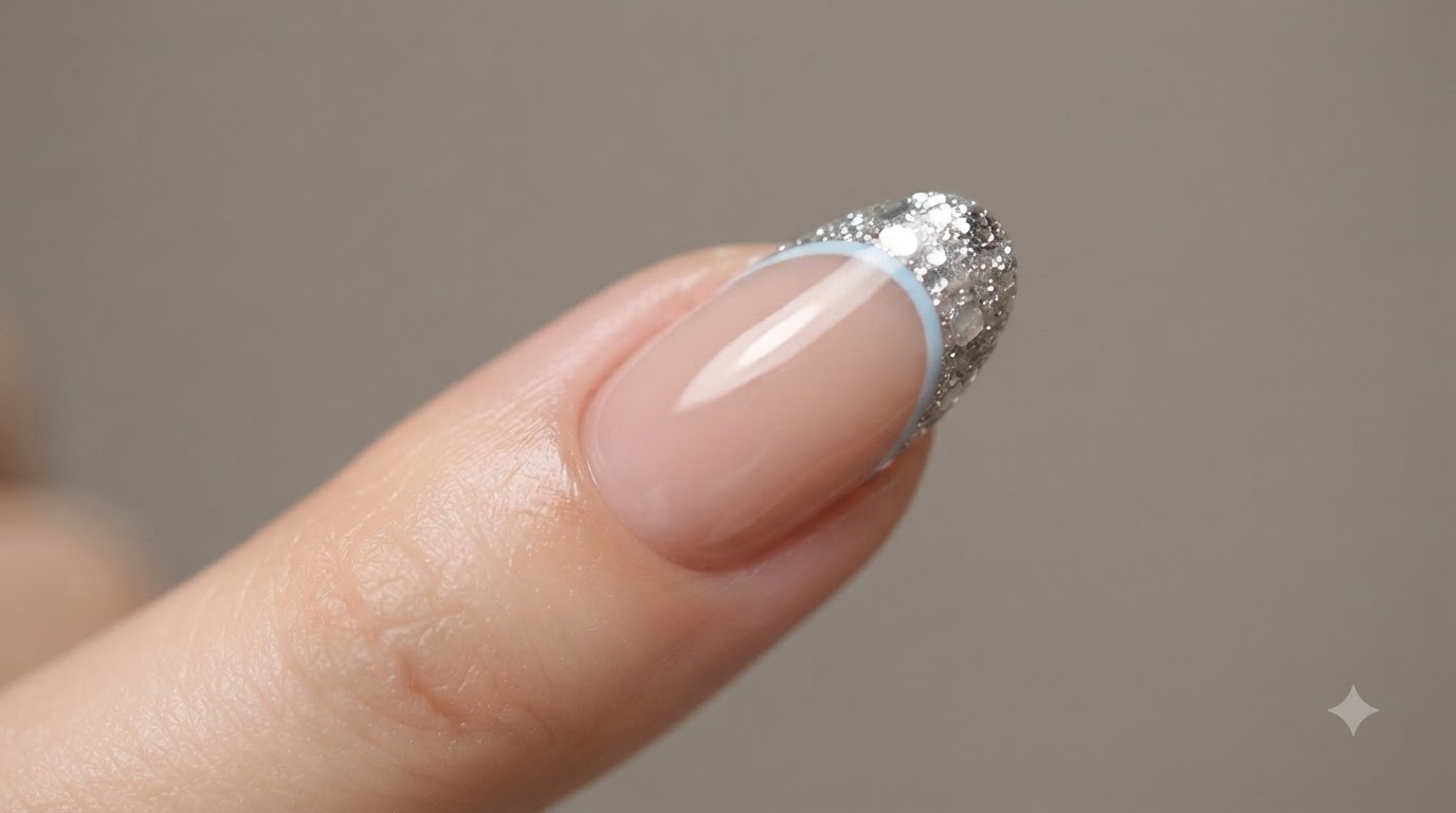 French Manicure con Glitter Argento e Accenti Blu — Tutorial Passo dopo Passo
