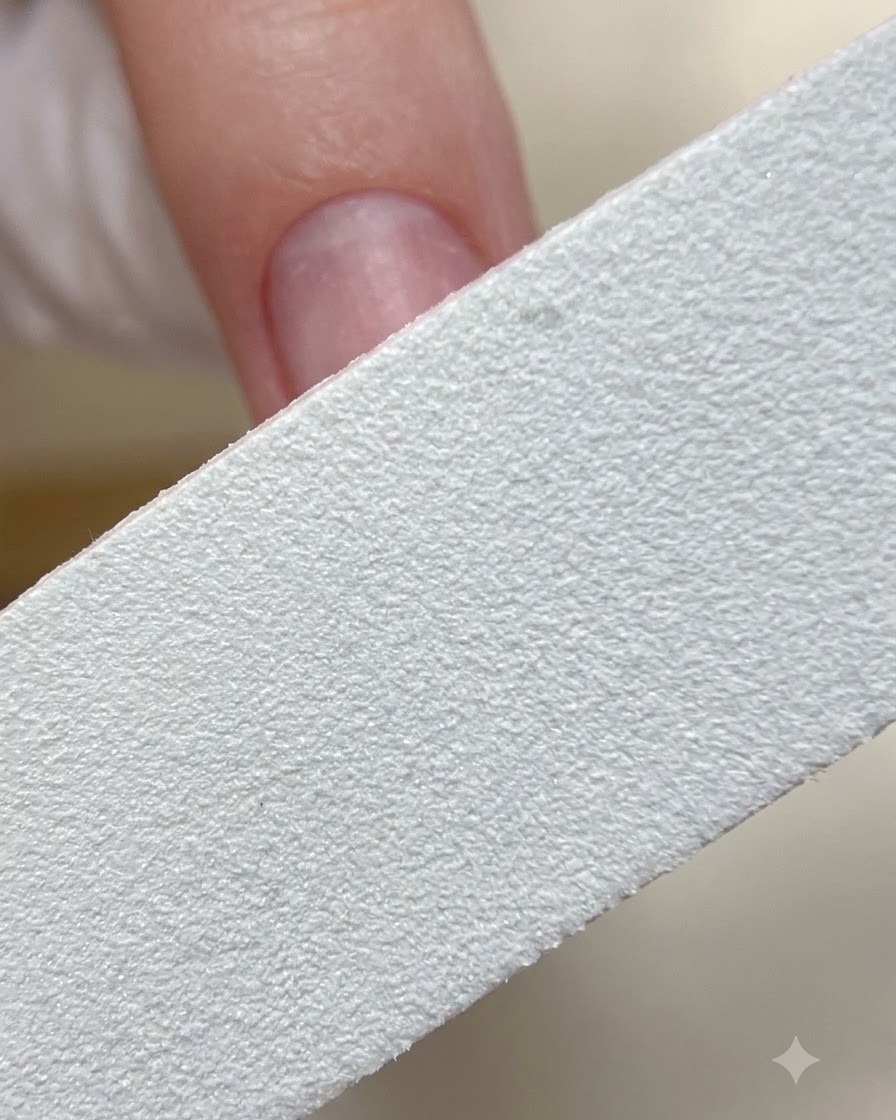 Primo piano di un buffer per unghie bianco che leviga la superficie di ununghia naturale preparata.
