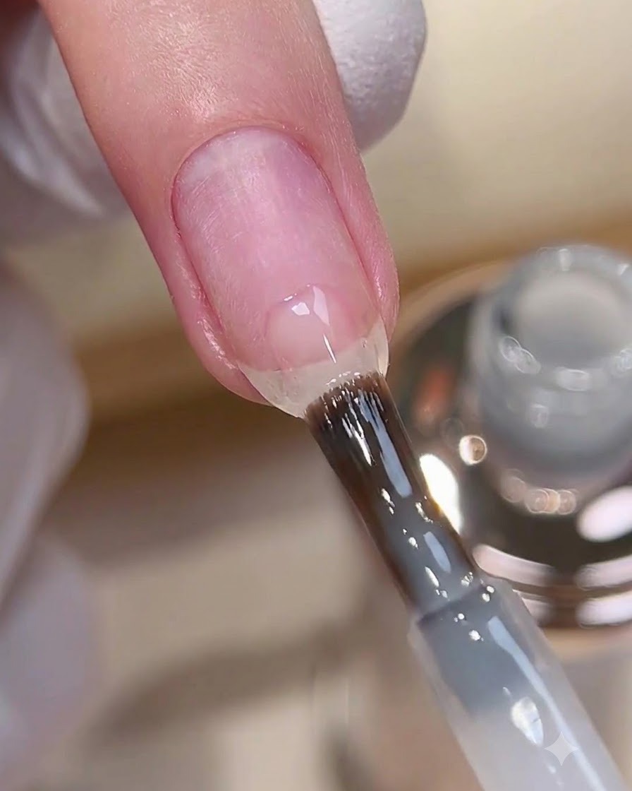Un pennello che applica il gel costruttore bianco latte sulla punta di ununghia naturale preparata.