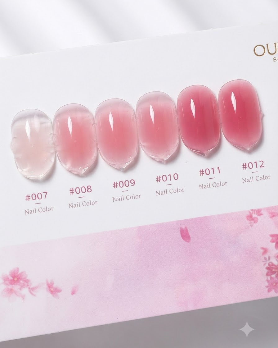 Primo piano di un flacone di gel costruttore rosa confetto, che mostra la sua tinta rosa traslucida e il pennello applicatore.