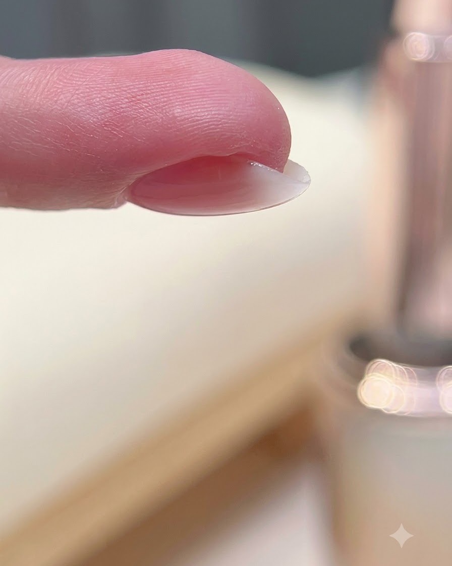 Un dito girato sottosopra per consentire al gel di autolivellarsi e formare un apex centrale.
