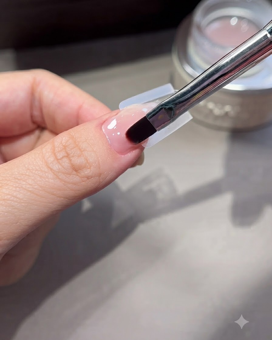 Primo piano di un pennello sottile a punta fine che livella e rifinisce il bordo del gel vicino alla zona delle cuticole.