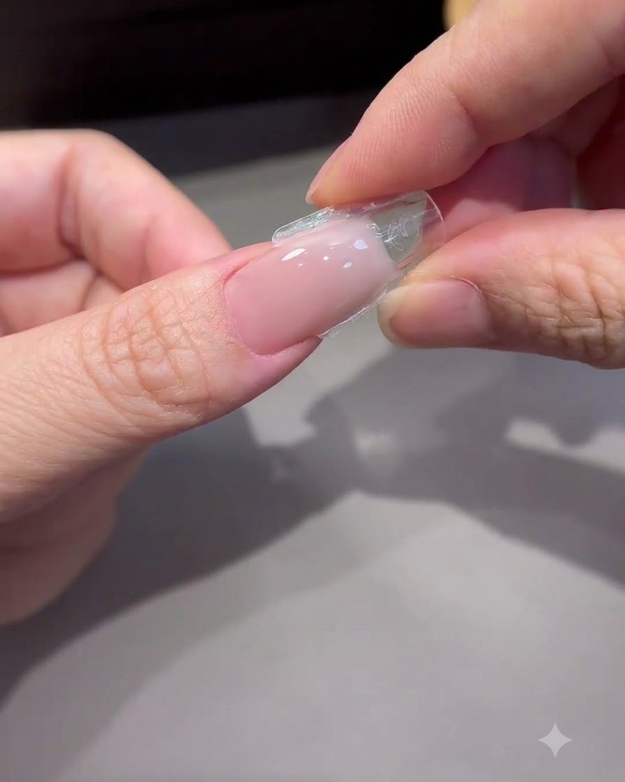 Dita che stringono delicatamente i lati di una dual form trasparente per staccarla da unestensione in gel polimerizzata.