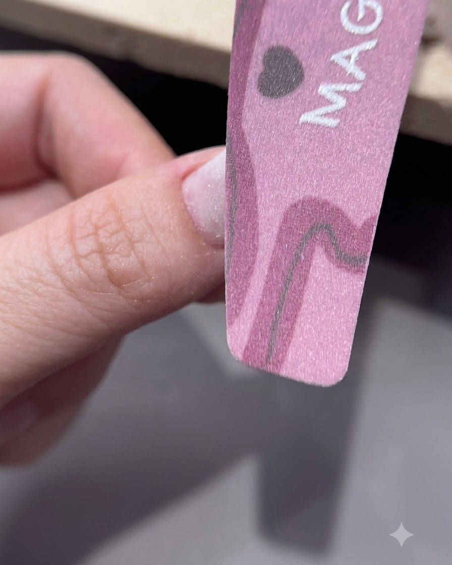 Un blocco buffer rosa che leviga la superficie di ununghia appena manicurata.