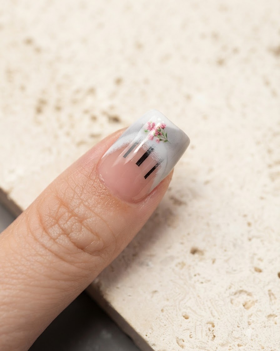 Una pinzetta che posiziona piccoli adesivi floreali rosa sulla punta french di ununghia.