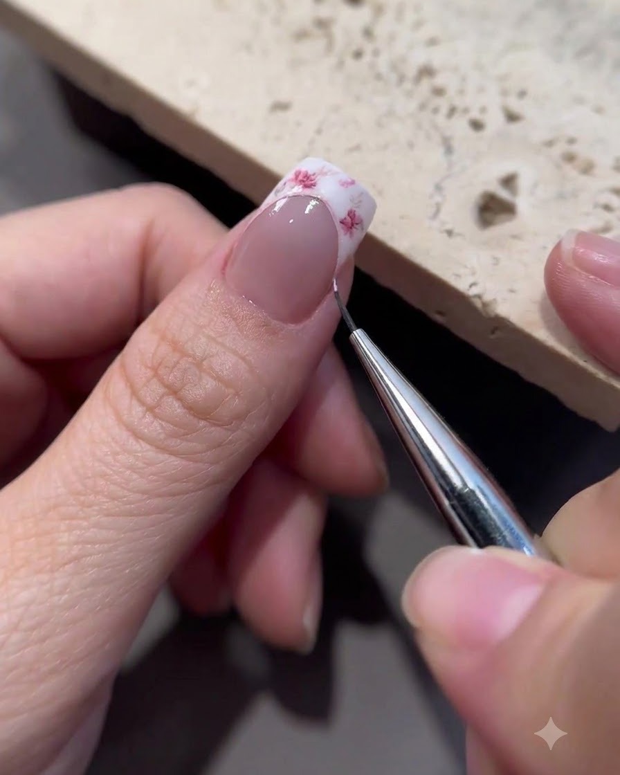Un pennello liner fine che delinea ordinatamente il bordo curvo di una punta da manicure francese.