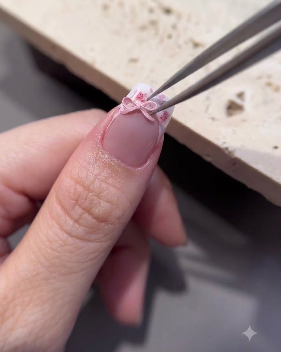 Una pinzetta che posiziona un piccolo charm a fiocco rosa 3D sulla superficie dellunghia trattata con top coat.