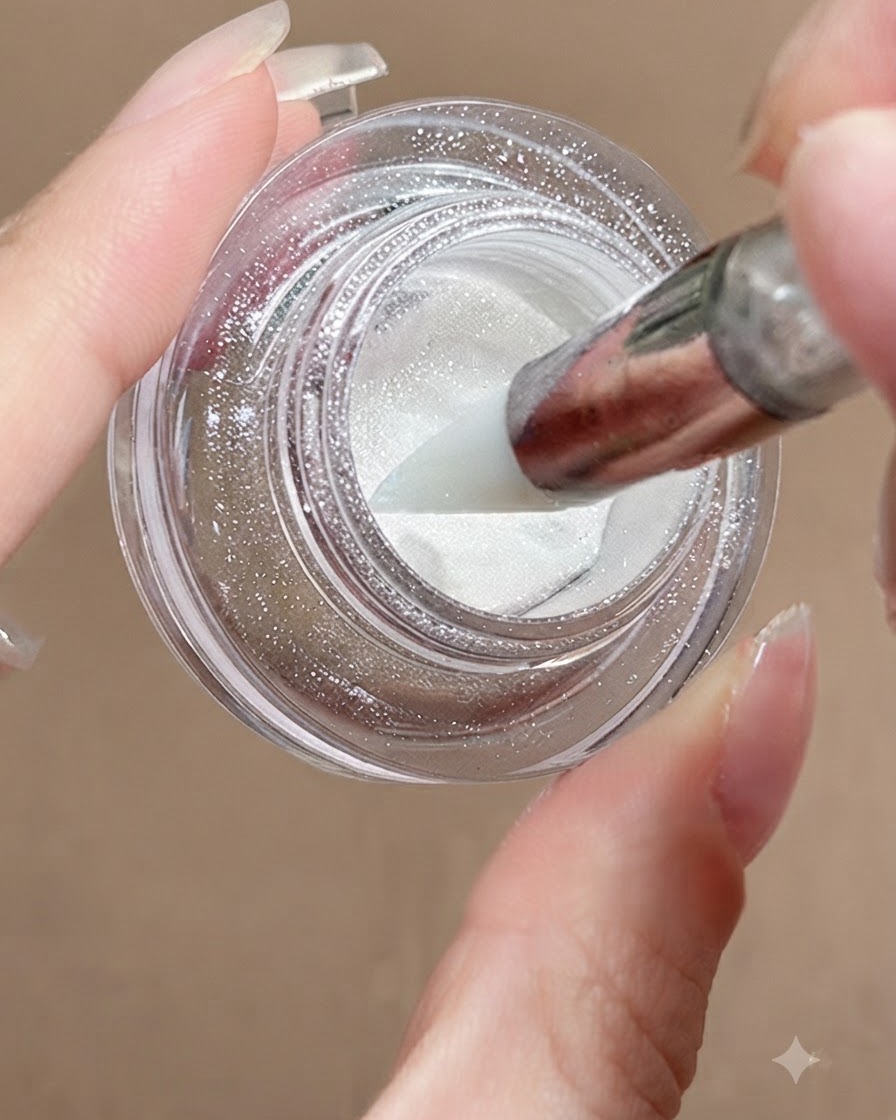 Uno strumento penna in silicone che si intinge in un barattolo di polvere chrome white-moon brillante.