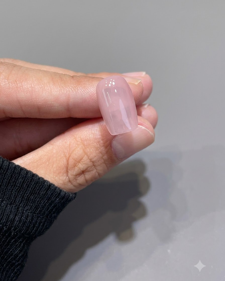Una singola unghia rosa traslucida e lucida tenuta tra le dita dopo essere stata polimerizzata.