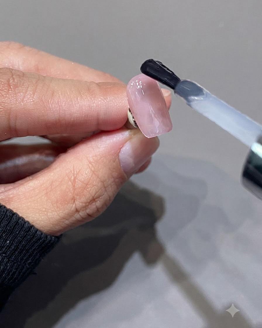 Un pennello che applica un top coat rosa lattiginoso traslucido su una superficie ungueale rosa lucida.