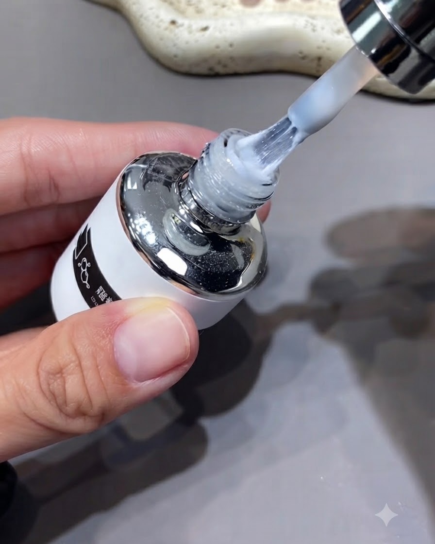 Un flacone di top coat bianco per cromo con il pennello applicatore sollevato che mostra il liquido viscoso.