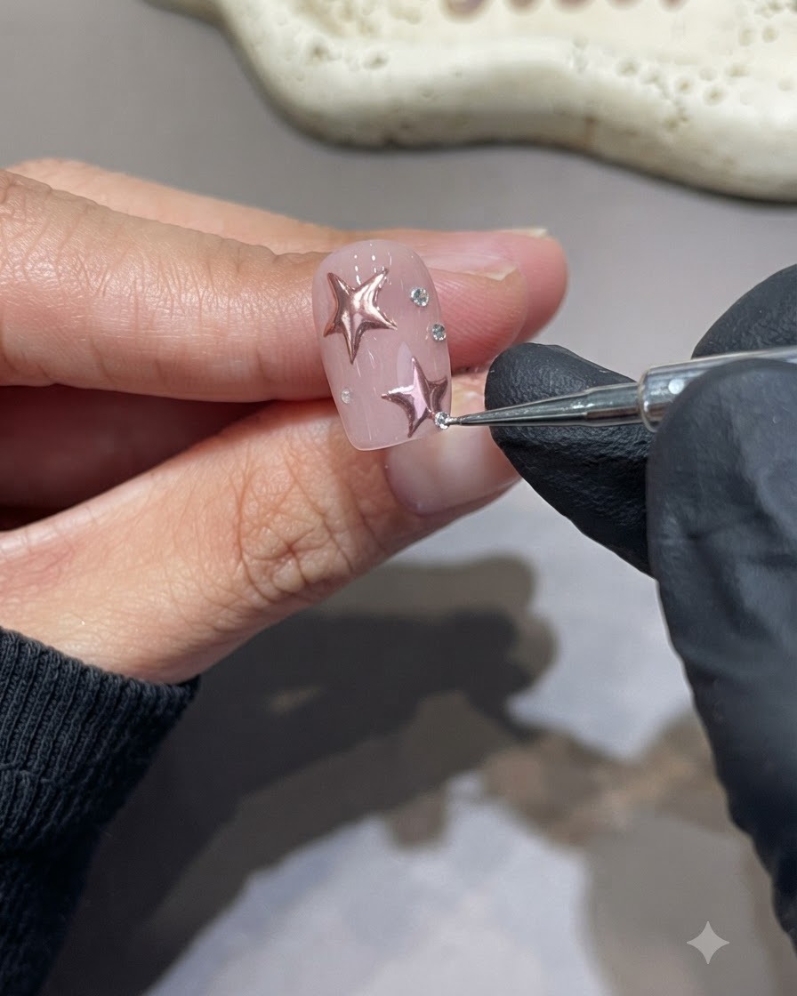 Uno strumento di precisione che posiziona piccoli strass scintillanti su ununghia rosa decorata con stelle cromo.