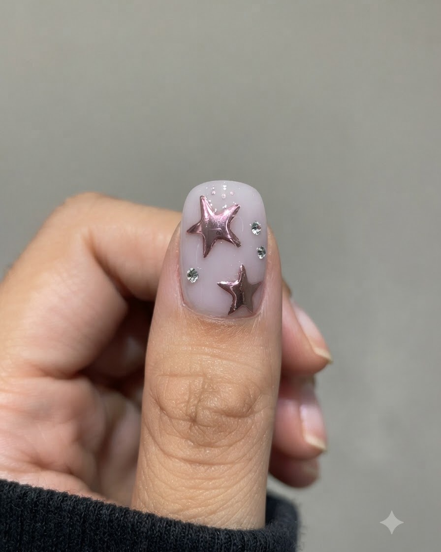 Primo piano di una mano con nail art a stelle decorate e strass inseriti in una lampada UV/LED compatta per unghie.