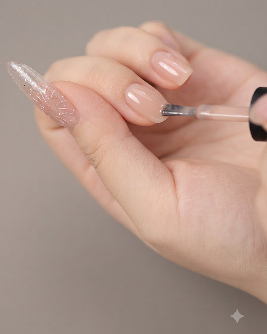 Un pennello per unghie che applica uno strato uniforme di gel base nude su ununghia di pratica allungata.