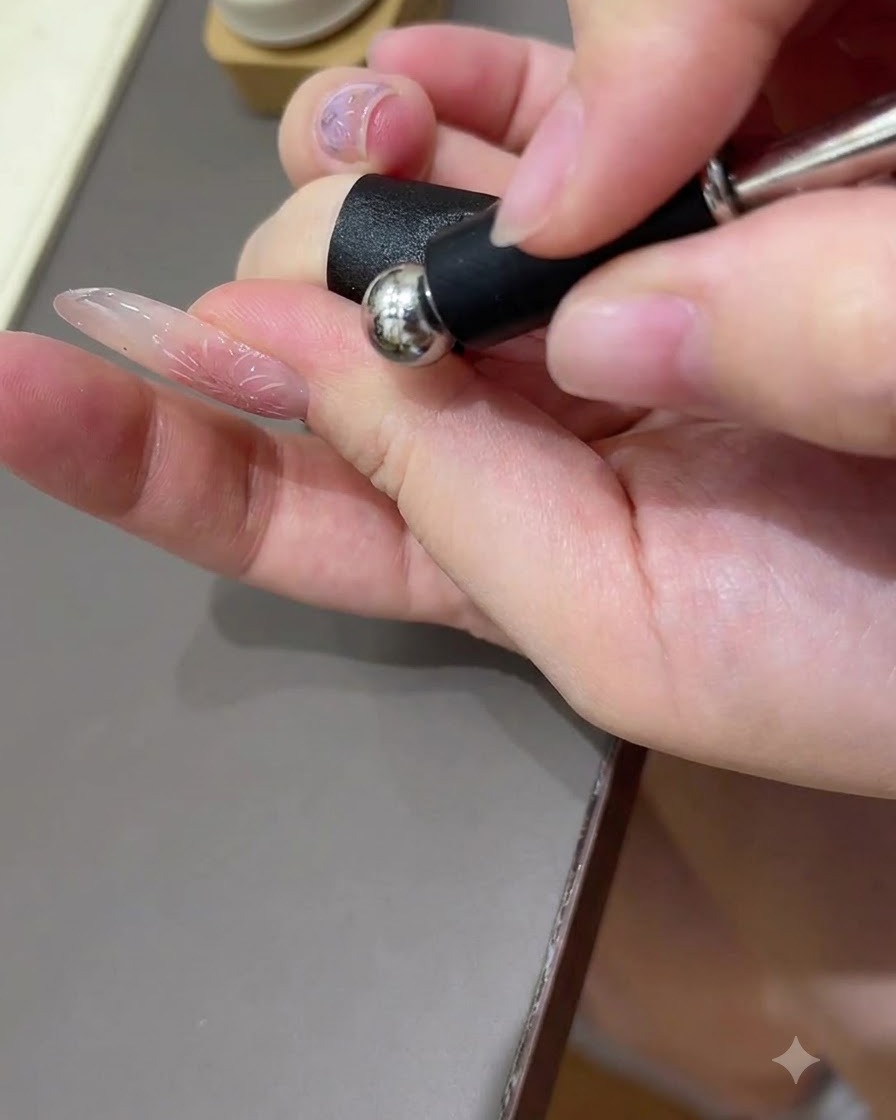 Uno strumento con sfera magnetica tenuto vicino a una superficie ungueale lucida per manipolare le particelle del gel cat-eye.