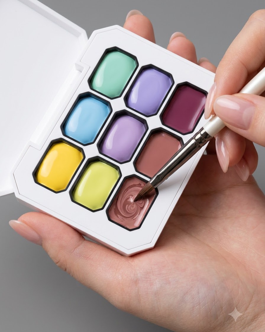 Un pennello per unghie che si intinge in uno scomparto rosa di una tavolozza multi-colore.