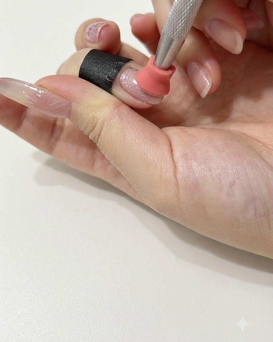Uno strumento di tamponamento in silicone che preme il gel rosa sulla superficie dellunghia allinterno dellarea della stella.