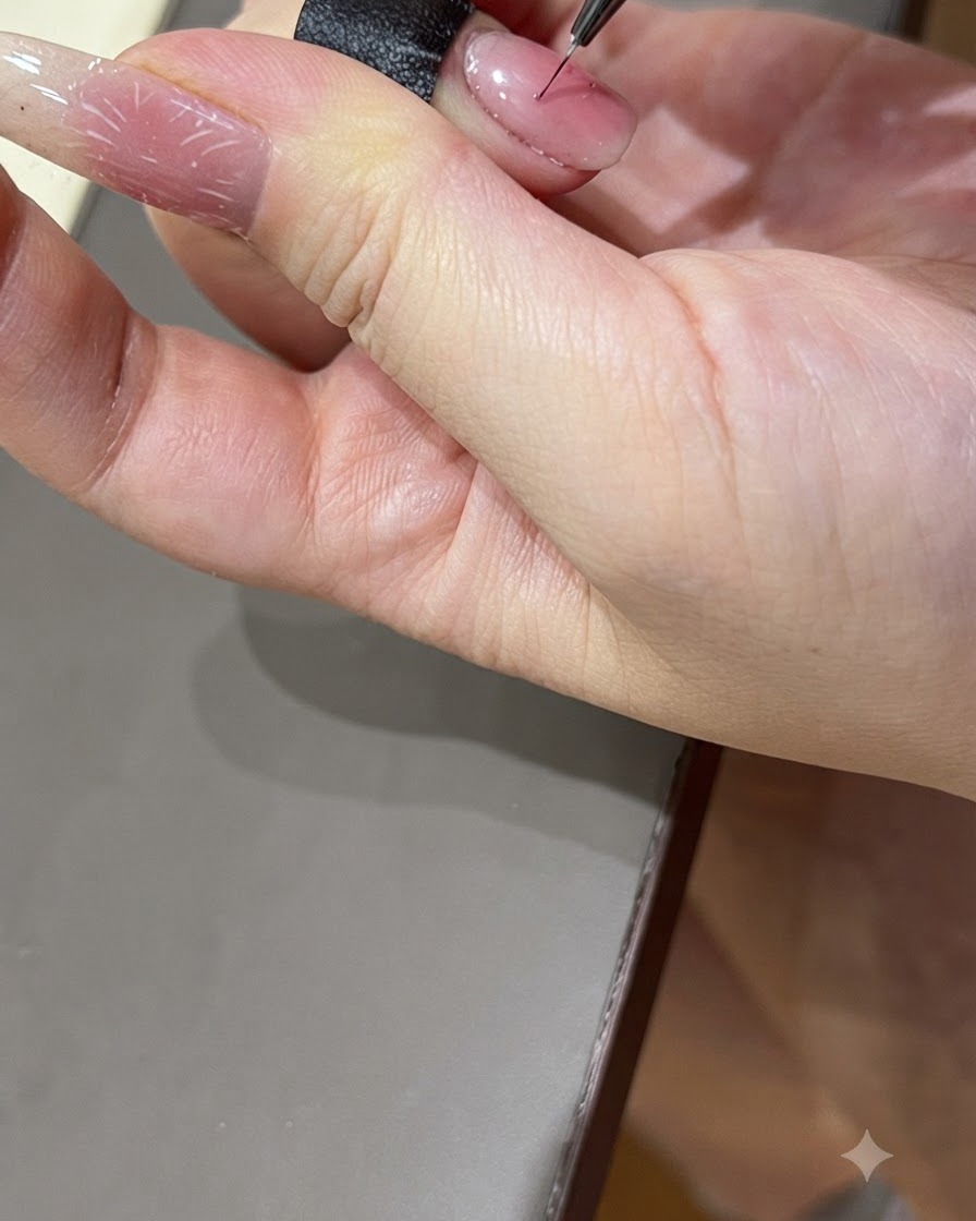 Un pennello sottile per nail art che preleva gel colorato da tamponamento da una tavolozza.