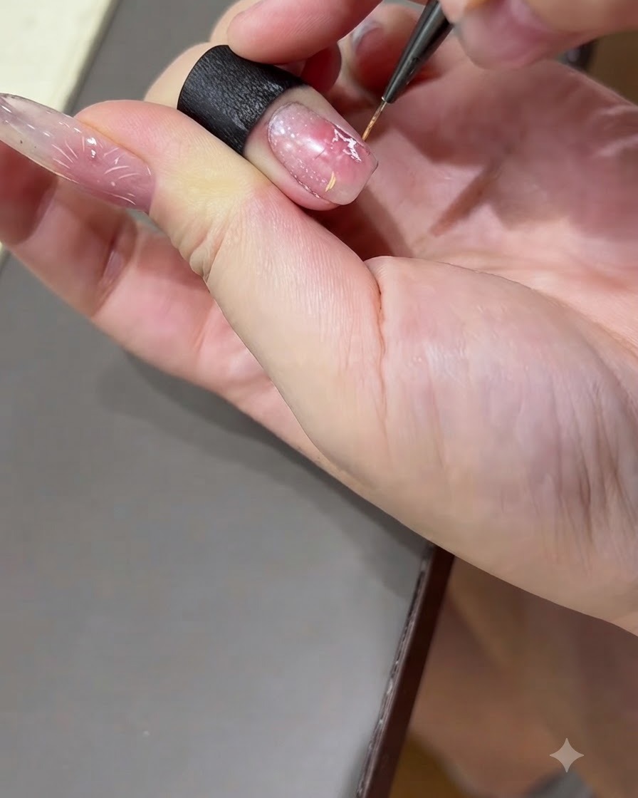 Un pennello da dettaglio sottile che disegna linee radianti colorate verso lesterno da una forma a stella su ununghia in gel.