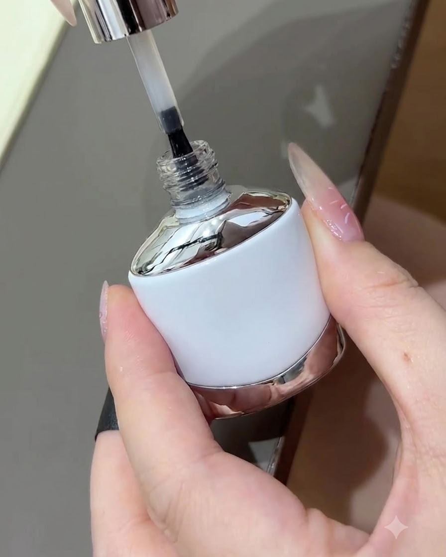 Una boccetta di top coat per unghie con il pennello sollevato, pronta ad applicare una sigillatura protettiva lucida sopra la manicure.