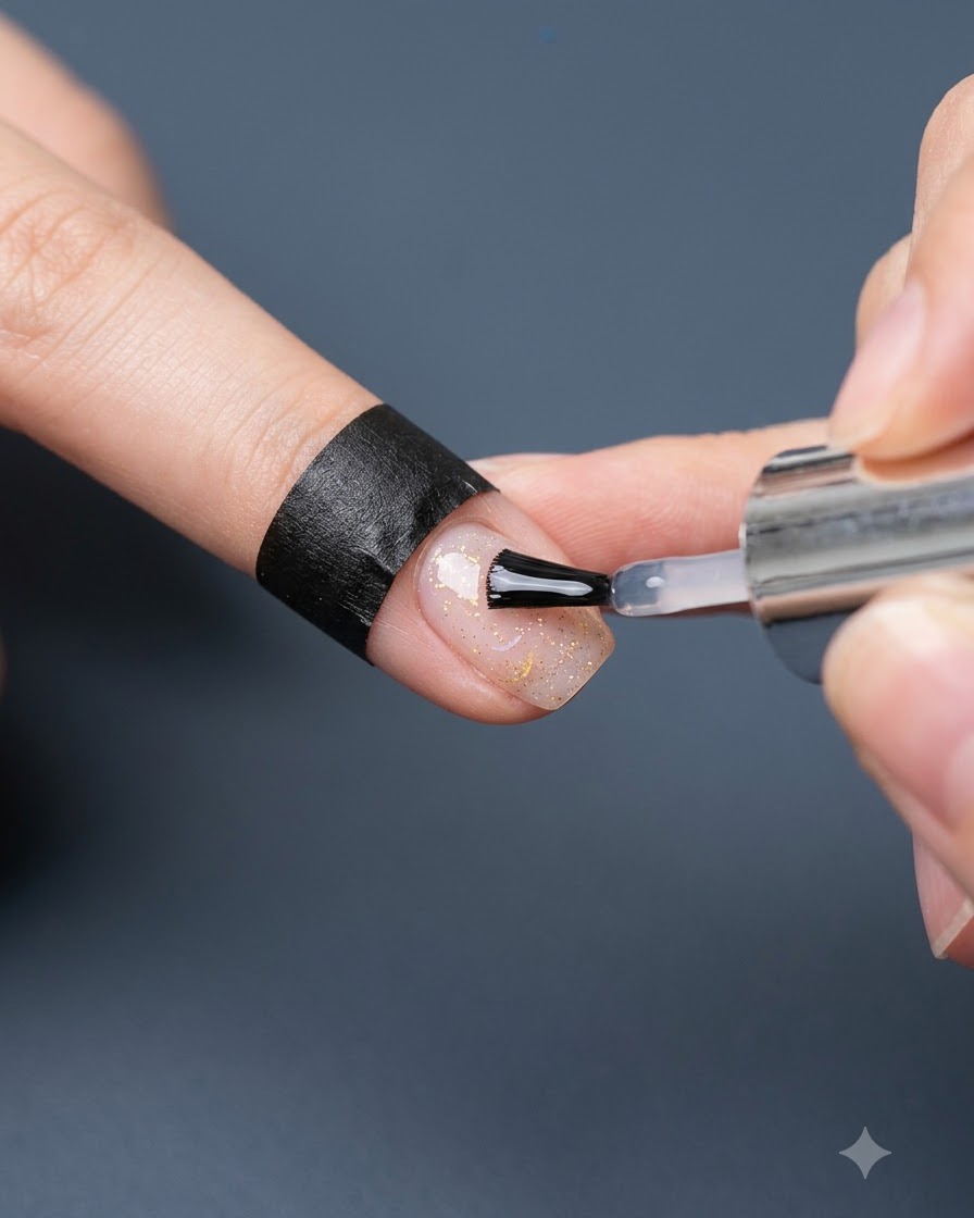 Un pennello di top coat che applica lo strato finale di sigillatura su un design completato di unghie in gel con stella arcobaleno cava.