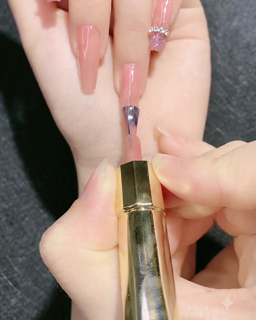 Un pennello sottile applica il gel costruttore trasparente per tracciare la forma di un cuore sullunghia.