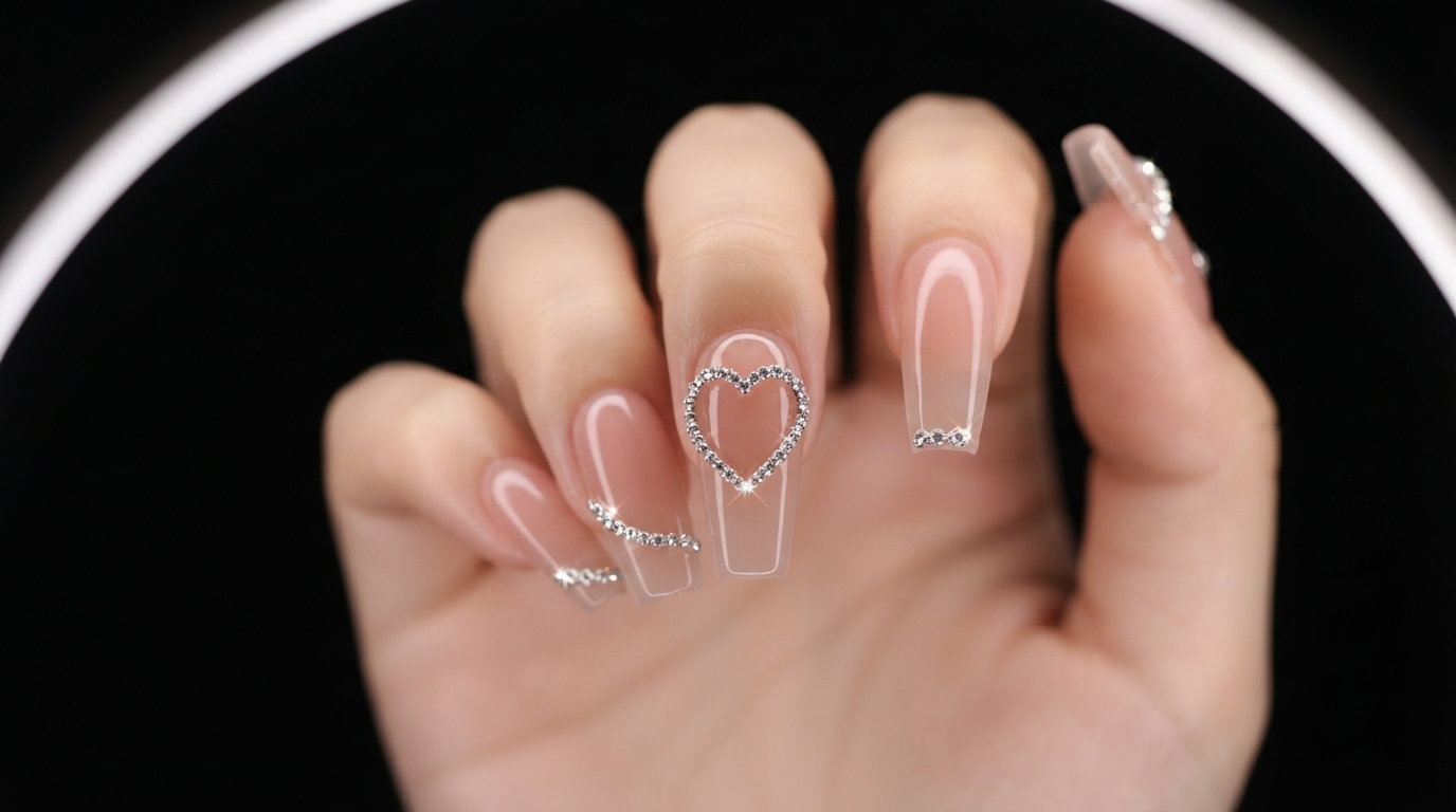 Unghie Gel Rosa Nudo con Sfumatura e Cuore in Catena di Strass