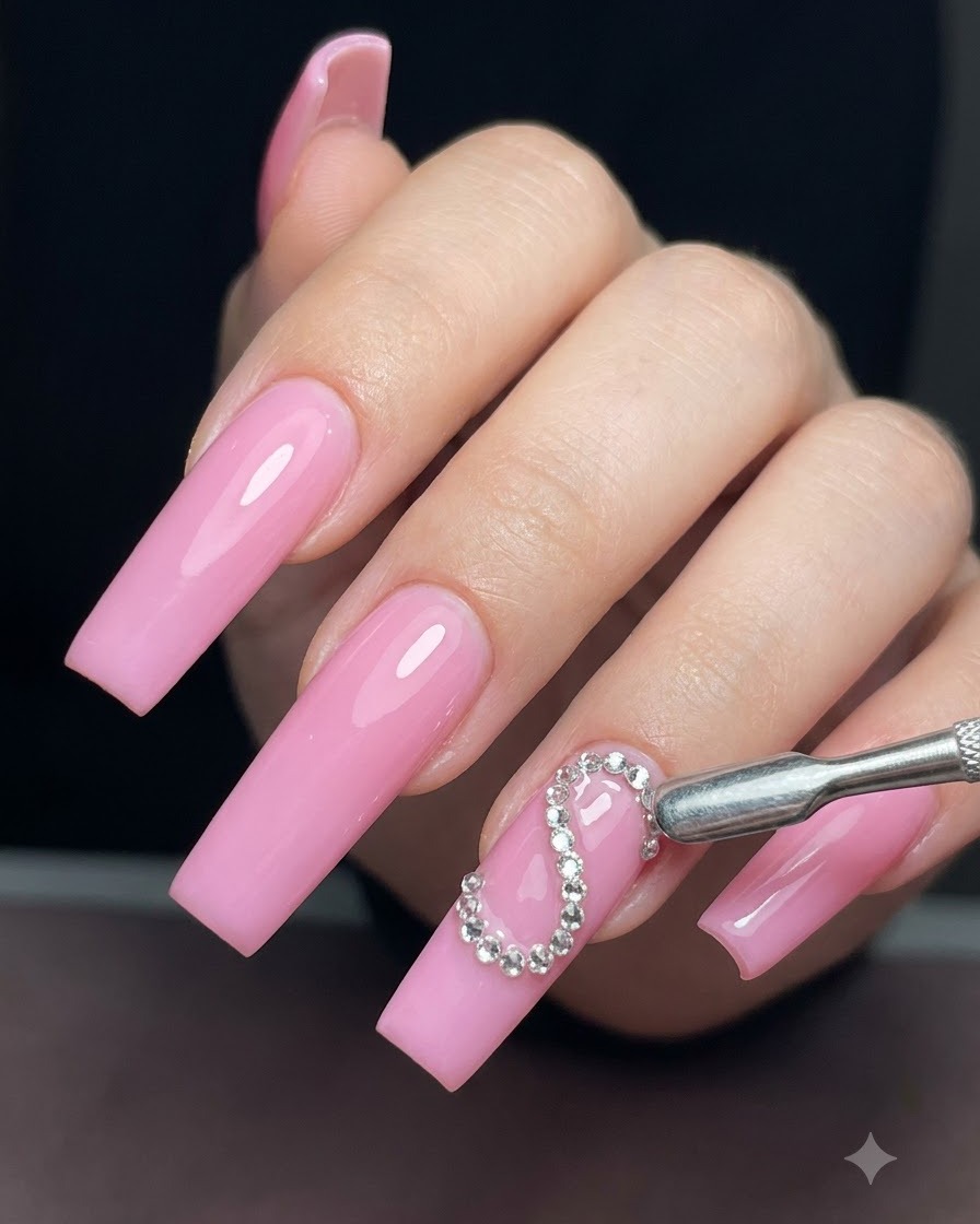 Uno strumento metallico per unghie e una vista dettagliata di un design a mezzo cuore delineato con strass scintillanti su ununghia rosa.