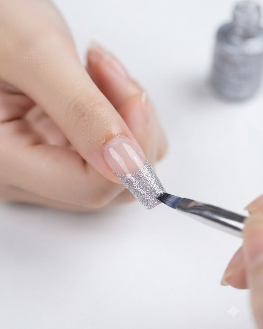 Un piccolo pennello che applica lo smalto gel con glitter argentati sulla punta di ununghia per formare una sfumatura.