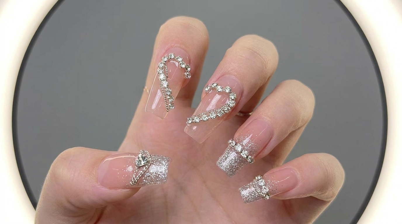 Unghie in Gel Rosa Nude con Cuori in Strass e Catenelle Argentate — Tutorial Passo dopo Passo