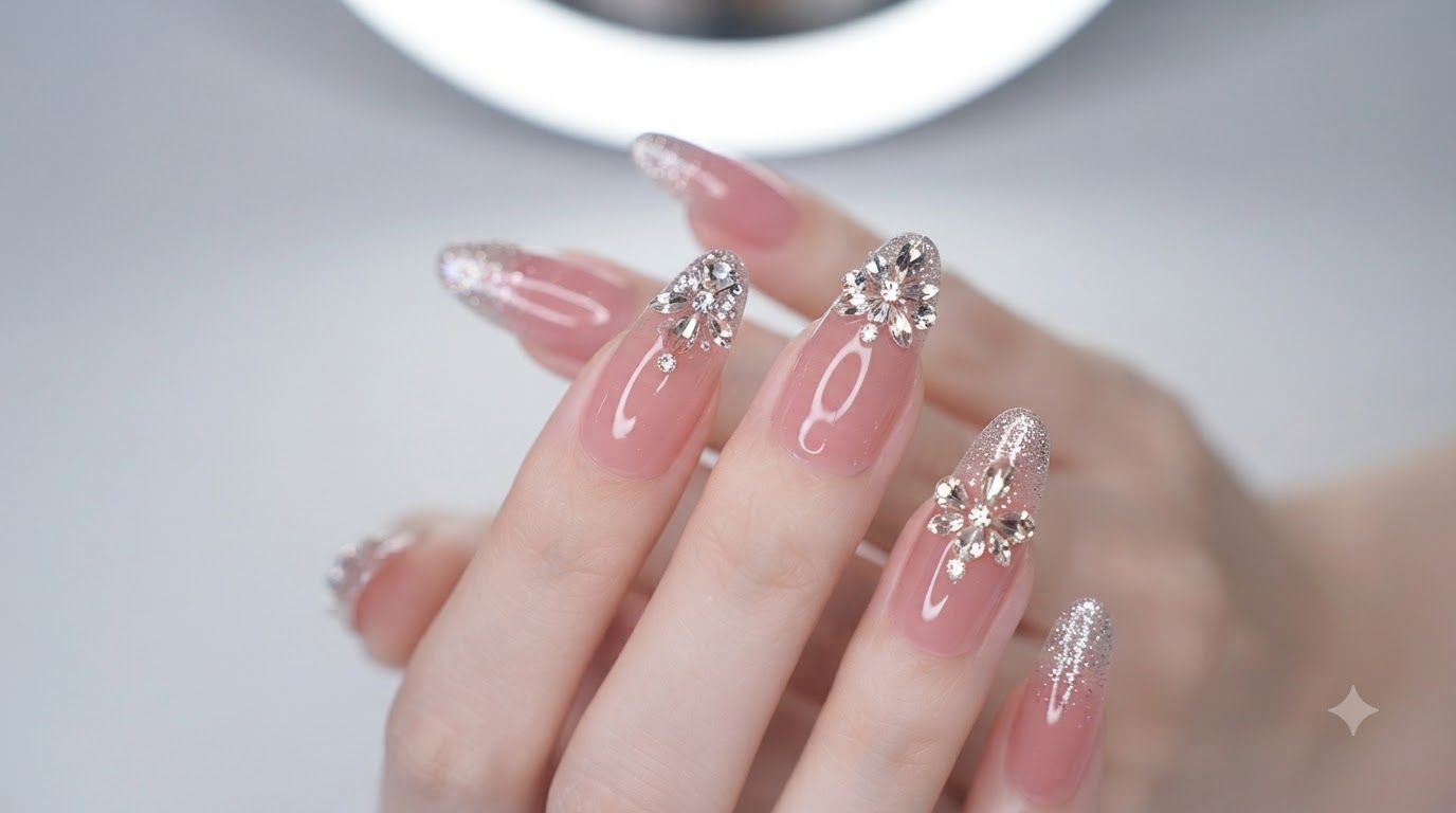 Unghie Press-On Rosa Dolce e Brillanti con Dettagli in Cristallo — Guida Passo-Passo