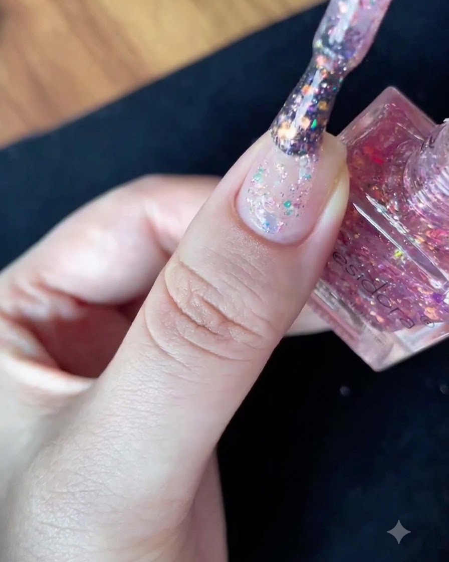 Un primo piano di un pennello per smalto che trattiene scaglie di glitter multicolore dense mentre viene estratto dalla boccetta.