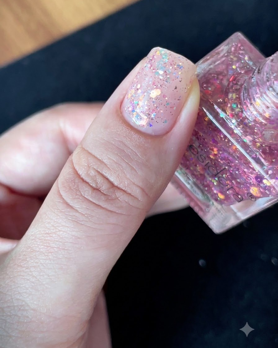 La punta di un pennello che spinge e distribuisce delicatamente le scaglie di glitter verso lesterno attraverso la lamina ungueale.
