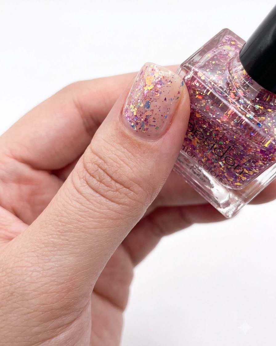 Unapplicazione di unghie finita che mostra uno strato liscio e piatto di scaglie di glitter multicolore su tutta la piastra.