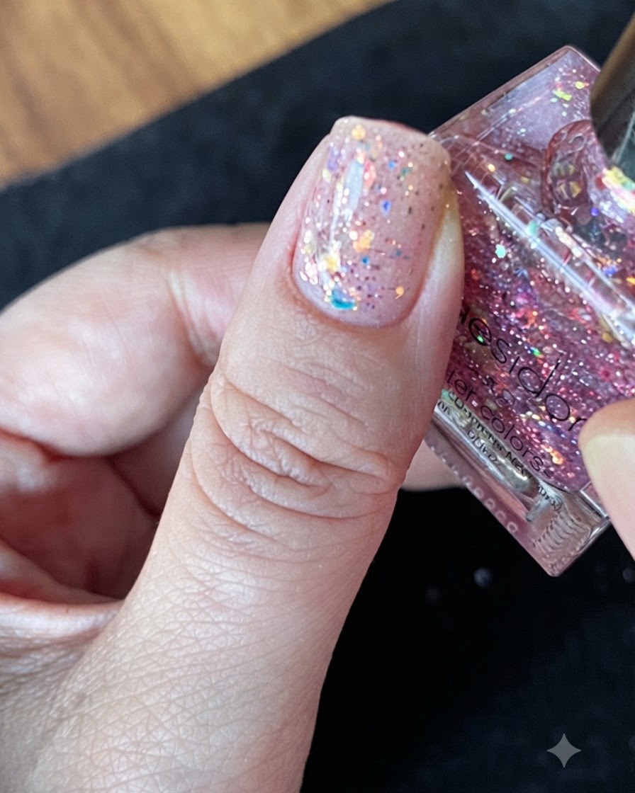 Una vista ravvicinata di un pollice con smalto glitterato appena applicato in attesa di autolivellarsi.