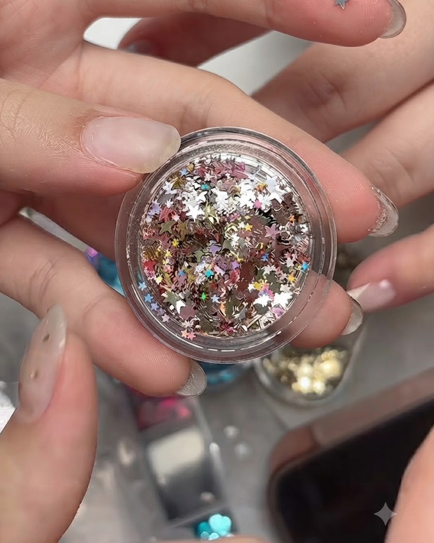 Un piccolo barattolo trasparente pieno di un mix di paillettes a forma di stella olografiche argento, oro e rosa.