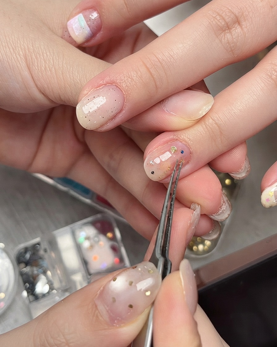 Pinzette che premono delicatamente un pezzo di glitter a stella su ununghia manicurata per fissarlo in piano.
