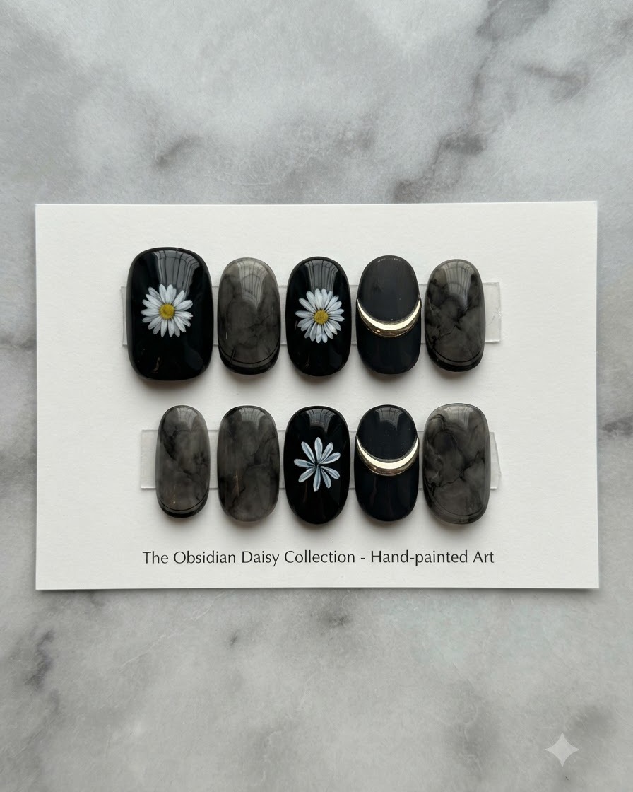 Un supporto espositivo sopraelevato che mostra una collezione di disegni di nail art con margherite bianche e nere.