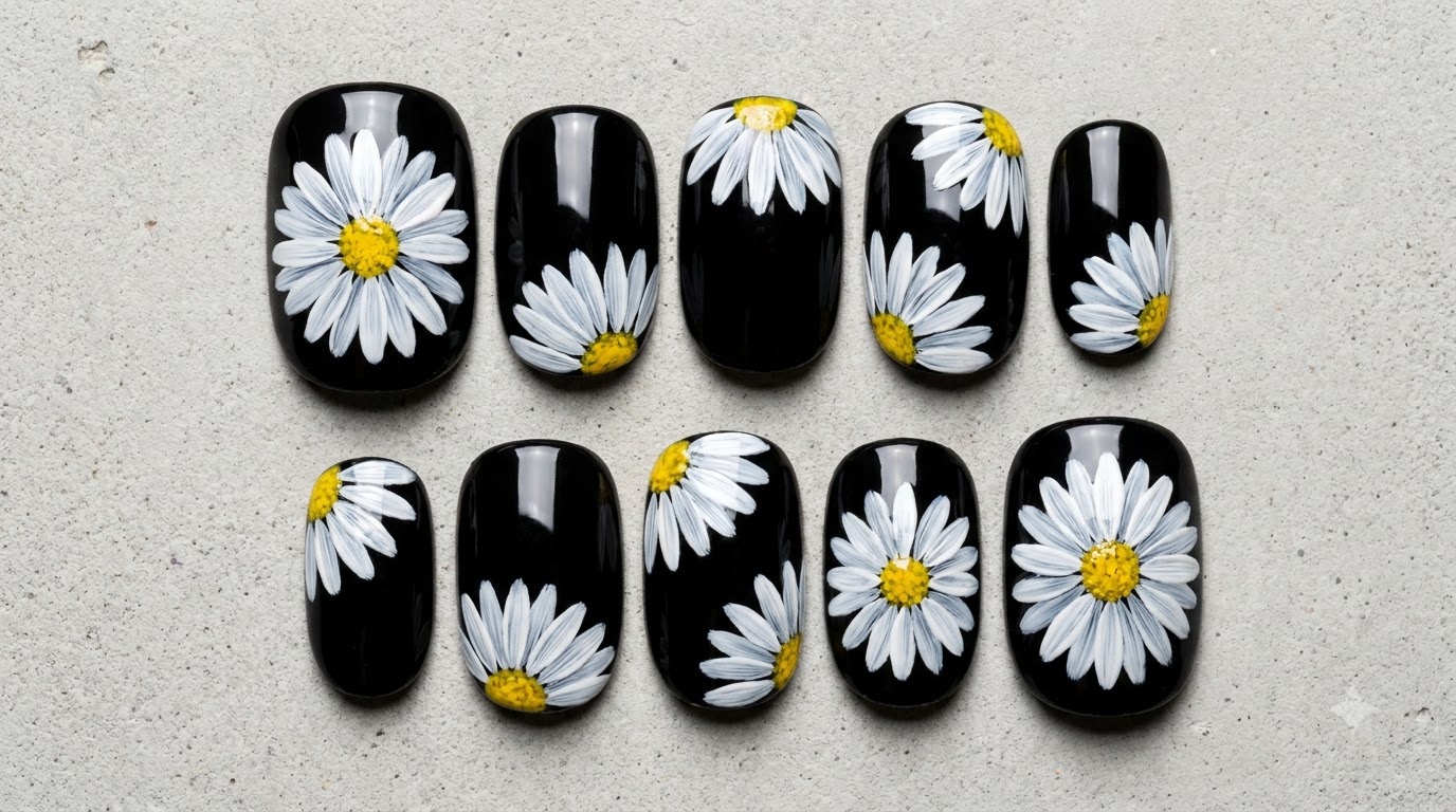 Manicure con margherite dipinte a mano su sfondo nero — Tutorial passo dopo passo