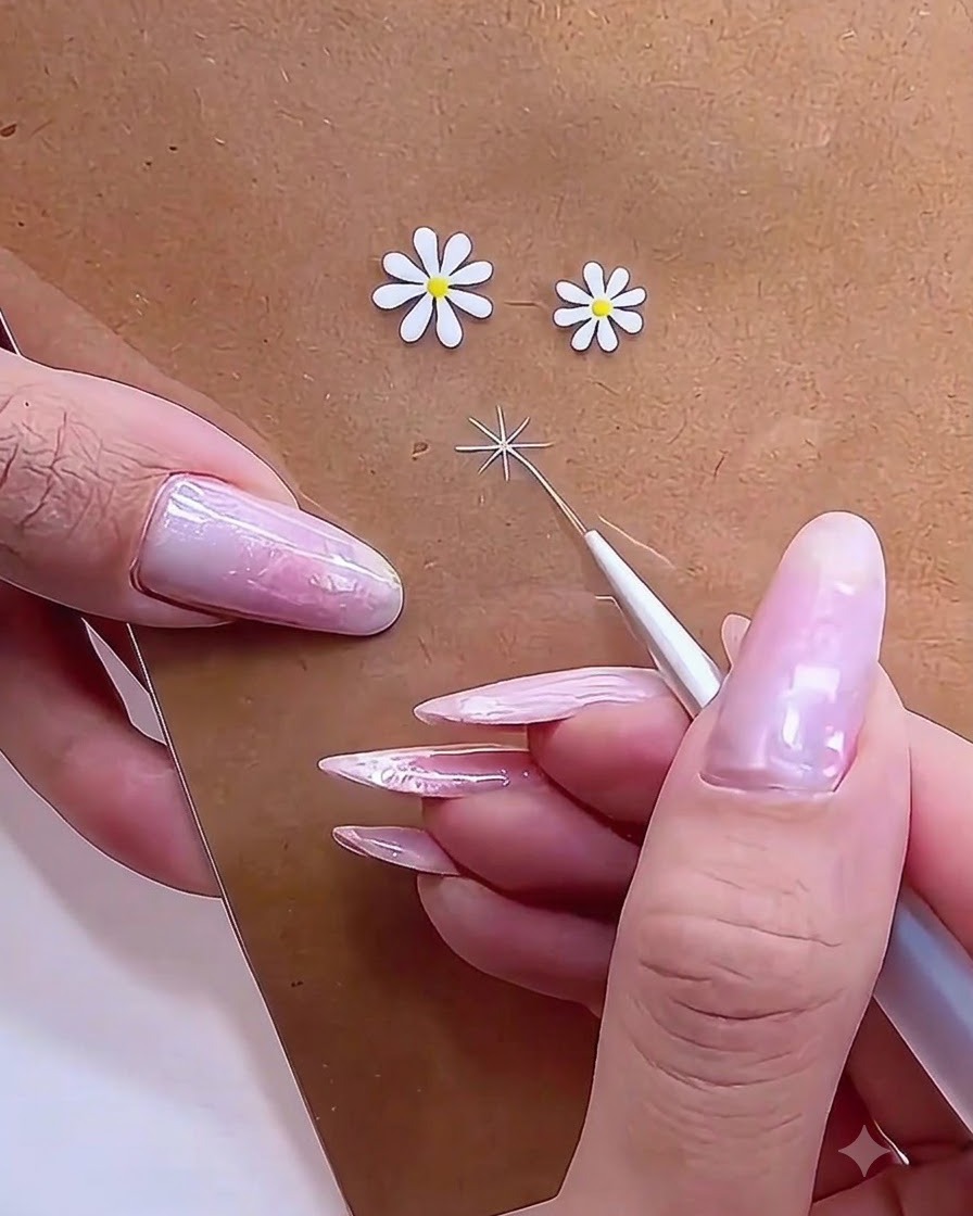 Nahaufnahme eines Nagelpinsels, der einen einzelnen weißen Gel-Blütenblattstrich nach außen vom Mittelpunkt zieht.