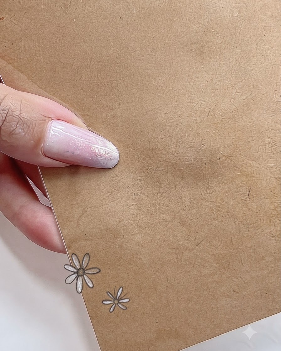 Nahaufnahme eines Nail-Art-Designs mit zwei gemalten weißen Gänseblümchen unterschiedlicher Größe, die auf einer neutralen Oberfläche gruppiert sind.