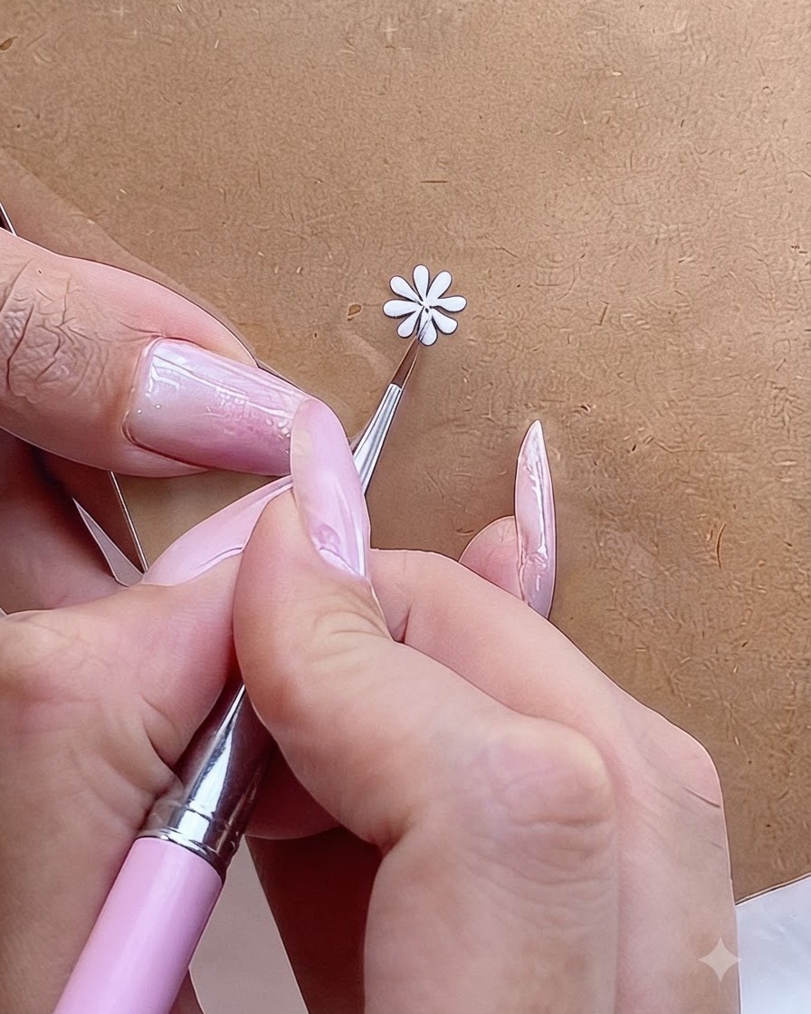 Eine Mini-UV-Taschenlampe härtet ein auf eine Oberfläche gemaltes weißes Gänseblümchen-Nageldesign aus.